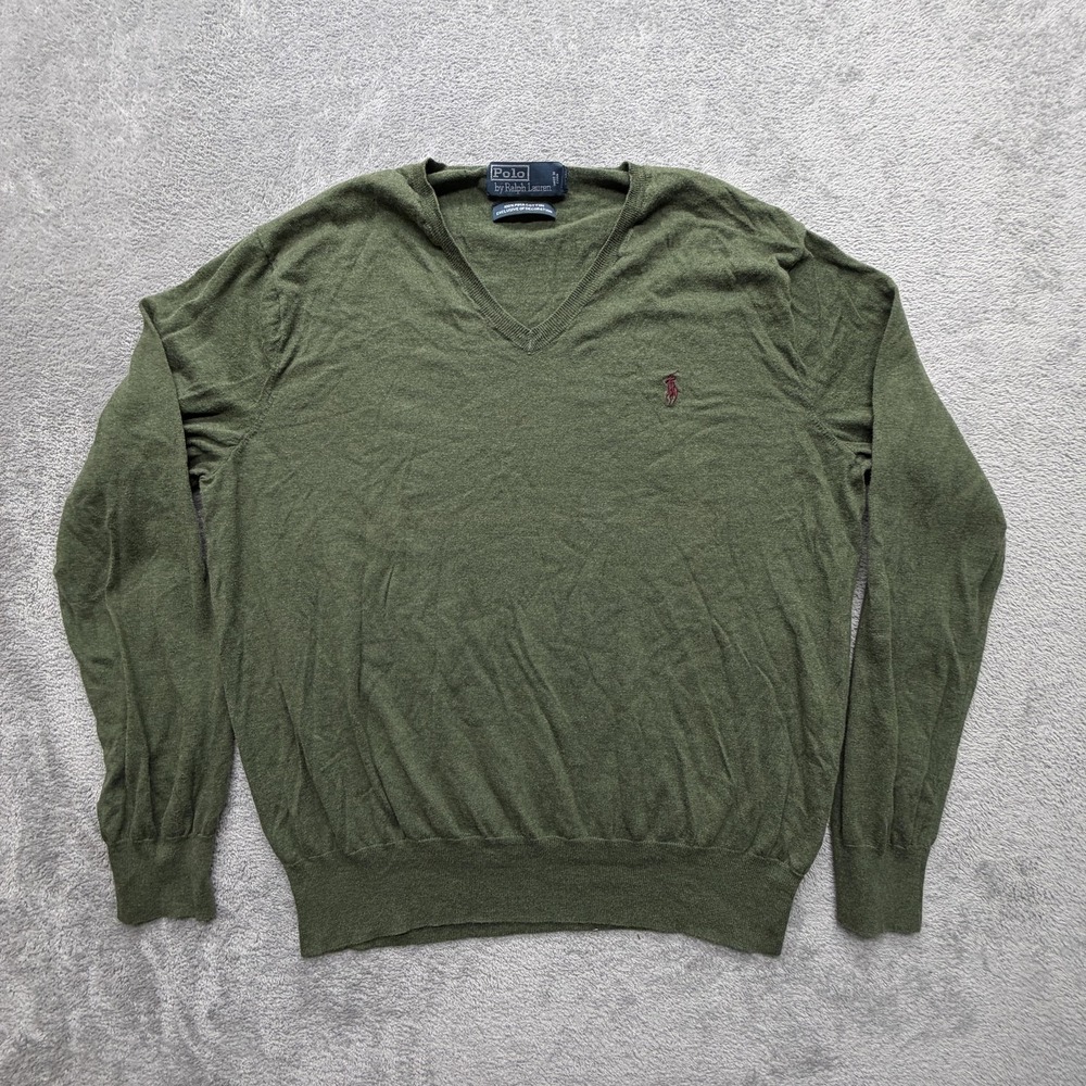 Polo Ralph Lauren Sweater Mens Large Green‎ V Neck Cotton Pullover Lightweight